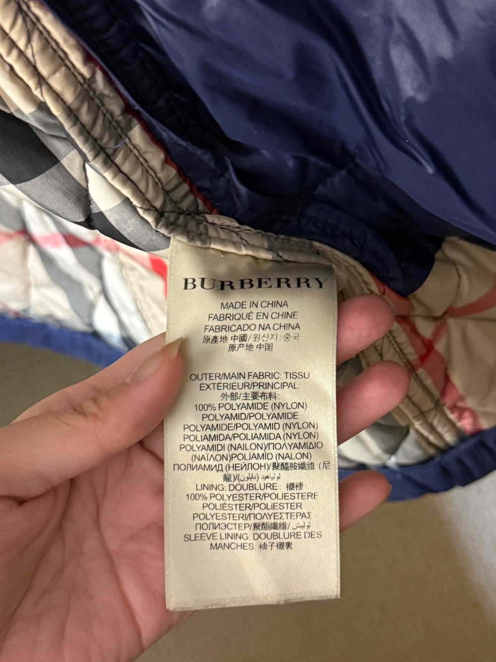Burberry Navy Long Coat with belt with Plaid Lining - Picture 3 of 5